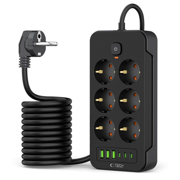 Síťová nabíječka PC6X6 Power Strip 3 USB & 3 USB-C & 6 Socket 200cm, černá, Tech-Protect