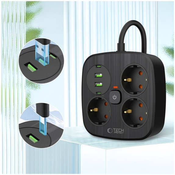 Síťová nabíječka PCS3X4 Power Strip 2 USB & 2 USB-C & 3 Socket 200cm, černá, Tech-Protect