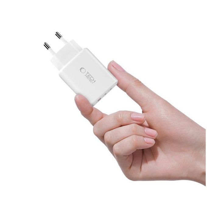 Síťová nabíječka NCA65W-GAN 3-PORT PD 65W / QC3.0, bílá, Tech-Protect