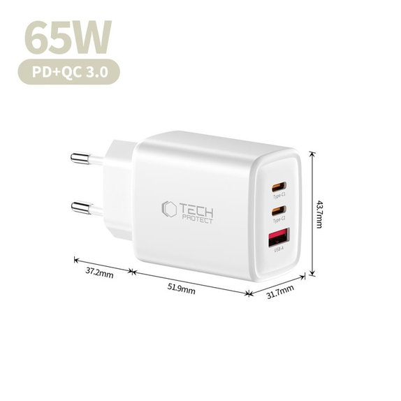 Síťová nabíječka NCA65W-GAN 3-PORT PD 65W / QC3.0, bílá, Tech-Protect