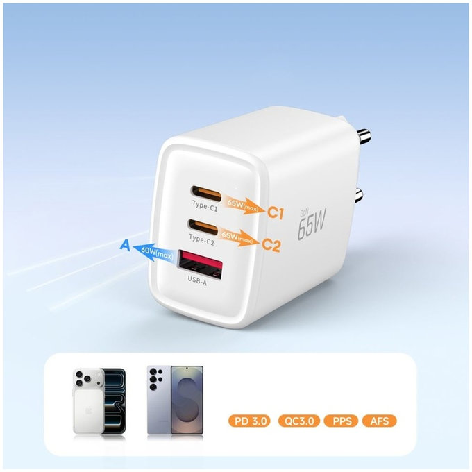 Síťová nabíječka NCA65W-GAN 3-PORT PD 65W / QC3.0, bílá, Tech-Protect