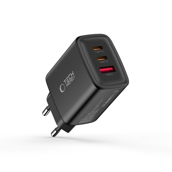 Síťová nabíječka NCA65W-GAN 3-PORT PD 65W / QC3.0, černá, Tech-Protect