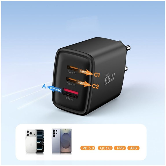 Síťová nabíječka NCA65W-GAN 3-PORT PD 65W / QC3.0, černá, Tech-Protect