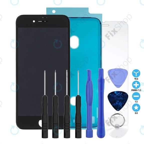 Displej pro iPhone 7, Black, Dotykové sklo s rámem, Lepka (Adhesive), Tvrzené sklo, Nářadí