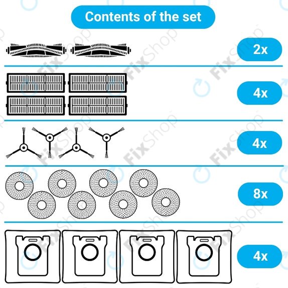 Sada náhradních dílů pro Roborock QV 35A, QR 798, QV35S (2x Hlavní kartáč, 4x Filtr, 4x Boční kartáč, 8x Mopovací útěrka, 4x Sáček na prach)