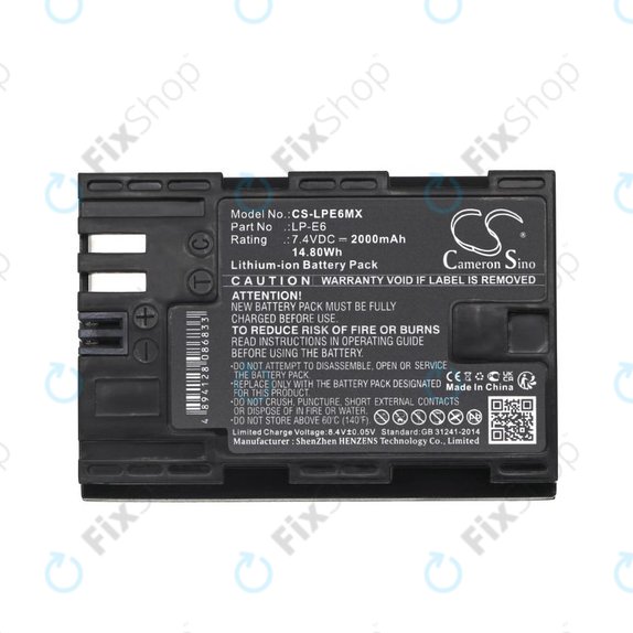 Baterie pro Canon EOS 5D Mark II, EOS 7D, EOS 70D, 2000mAh, Li-Ion, 7.4V, LP-E6, HQ