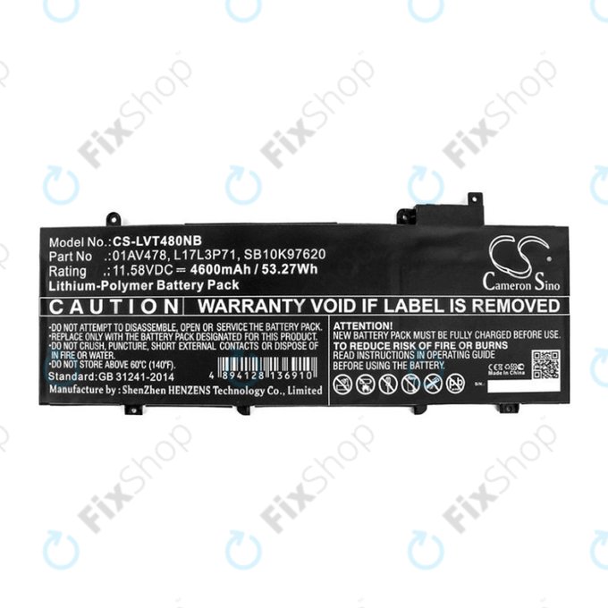 Baterie pro Lenovo ThinkPad T480S, 4600mAh, Li-Pol, 11.58V, 01AV478, HQ