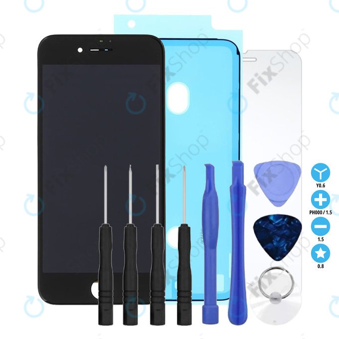 Displej pro iPhone 8, SE (2020), SE (2022), Black, Dotykové sklo s rámem, Lepka (Adhesive), Tvrzené sklo, Nářadí