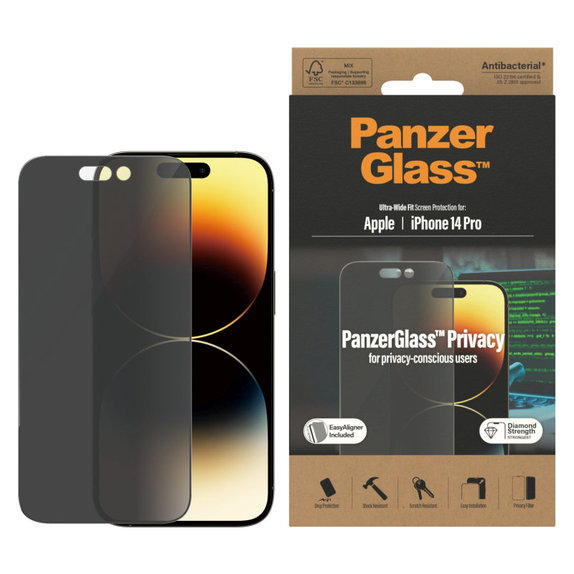 Tvrzené sklo UWF Privacy AB s aplikátorem pro iPhone 14 Pro, Černá, PanzerGlass