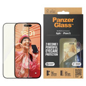 Tvrzené sklo UWF Eyecare s aplikátorem pro iPhone 15, Černá, PanzerGlass