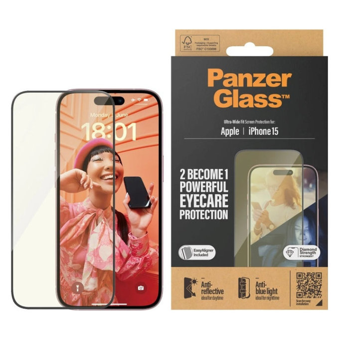 Tvrzené sklo UWF Eyecare s aplikátorem pro iPhone 15, Černá, PanzerGlass