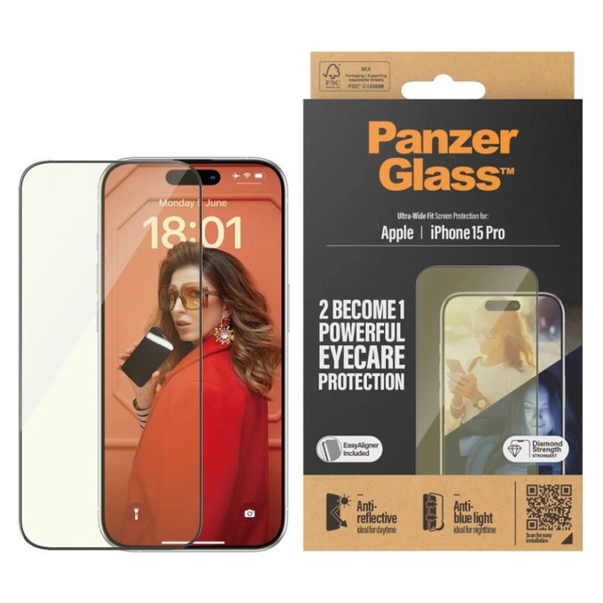 Tvrzené sklo UWF Eyecare s aplikátorem pro iPhone 15 Pro, Černá, PanzerGlass