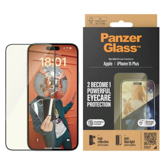 Tvrzené sklo UWF Eyecare s aplikátorem pro iPhone 15 Plus, Černá, PanzerGlass