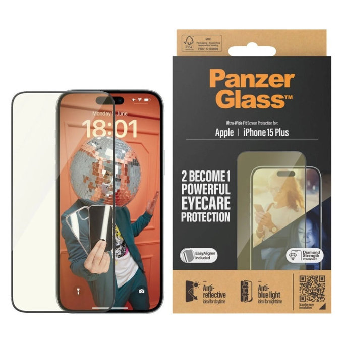 Tvrzené sklo UWF Eyecare s aplikátorem pro iPhone 15 Plus, Černá, PanzerGlass