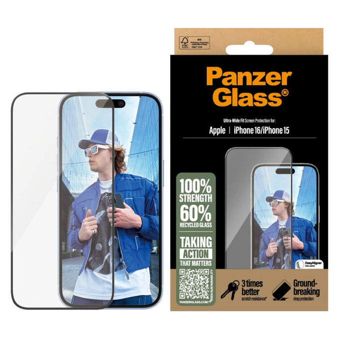 Tvrzené sklo UWF s aplikátorem pro iPhone 16/15, Černá, PanzerGlass