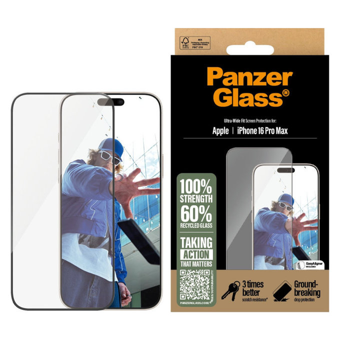 Tvrzené sklo UWF s aplikátorem pro iPhone 16 Pro Max, Černá, PanzerGlass