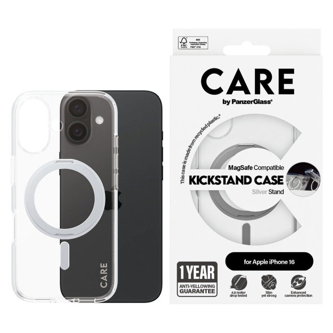Pouzdro Kickstand s MagSafe pro iPhone 16, Stříbrná, CARE