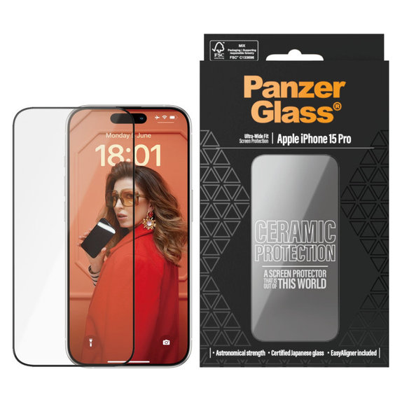 Tvrzené sklo UWF Ceramic s aplikátorem pro iPhone 15 Pro, Černá, PanzerGlass
