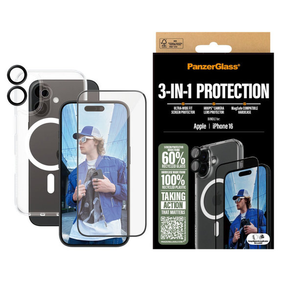 Bundle 3v1 Hoops + Tvrzené sklo UWF + Hard Case pro iPhone 16, PanzerGlass