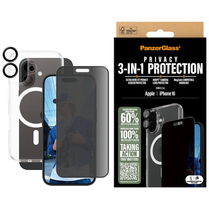 Bundle Hoops + Tvrzené sklo UWF Privacy + Hard Case pro iPhone 16, PanzerGlass