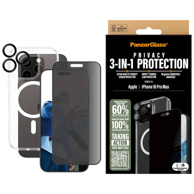 Bundle Hoops + Tvrzené sklo UWF Privacy + Hard Case pro iPhone 16 Pro Max, PanzerGlass