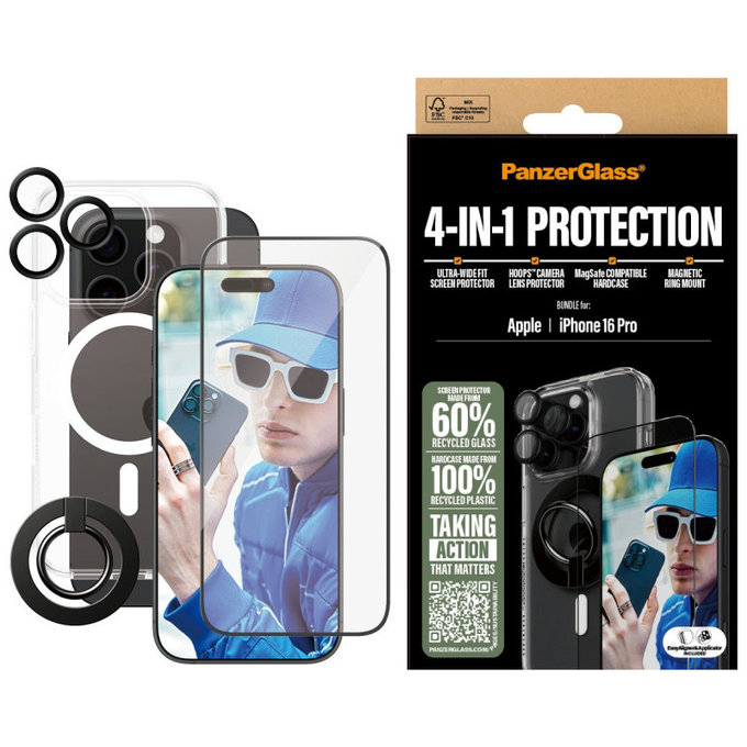 Bundle Hoops + Tvrzené sklo UWF + Hard Case + Magnetic Ring Mount pro iPhone 16 Pro, PanzerGlass