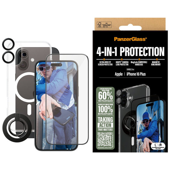 Bundle Hoops + Tvrzené sklo UWF + Hard Case + Magnetic Ring Mount pro iPhone 16 Plus, PanzerGlass