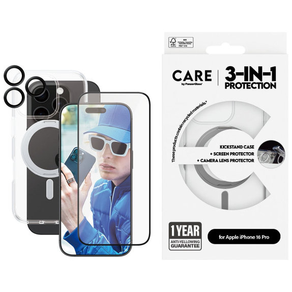 Bundle Hoops Ceramic + Tvrzené sklo UWF Ceramic + Pouzdro Kickstand pro iPhone 16 Pro, CARE