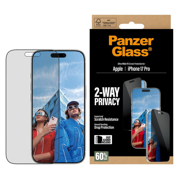Tvrzené sklo UWF 2-Way Privacy s aplikátorem pro iPhone 17 Pro, Černá, PanzerGlass