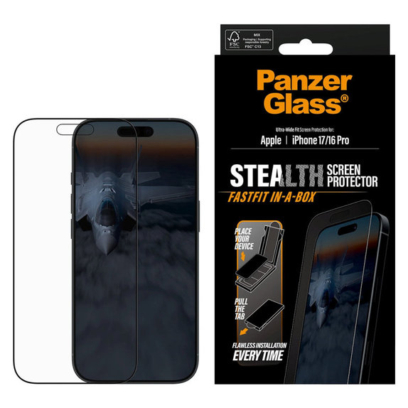 Tvrzené sklo UWF Stealth s Fastfit pro iPhone 17/16 Pro, Černá, PanzerGlass