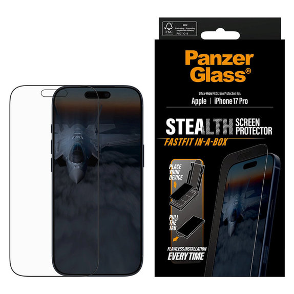 Tvrzené sklo UWF Stealth s Fastfit pro iPhone 17 Pro, Černá, PanzerGlass