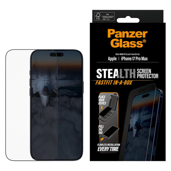 Tvrzené sklo UWF Stealth s Fastfit pro iPhone 17 Pro Max, Černá, PanzerGlass