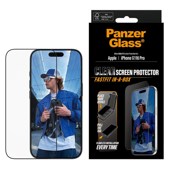 Tvrzené sklo UWF s Fastfit pro iPhone 17/16 Pro, Černá, PanzerGlass