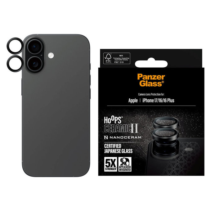 Ochranný kryt objektivu Hoops Ceramic II pro iPhone 17/16 Plus/16, Černá, PanzerGlass
