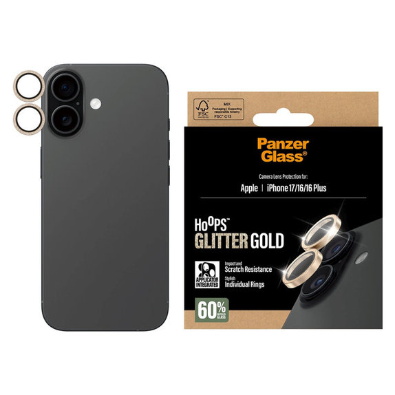 Ochranný kryt objektivu Hoops pro iPhone 17/16 Plus/16, Glitter Gold, PanzerGlass