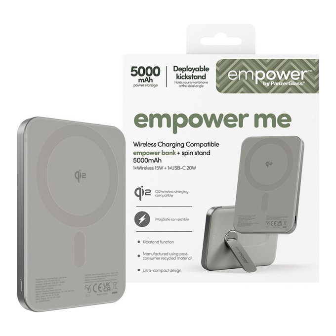 Bezdrátová PowerBank 5000 mAh, s otočným stojánkem 20 W, kompatibilní s MagSafe, Qi2/USB-C, Titanová, empower