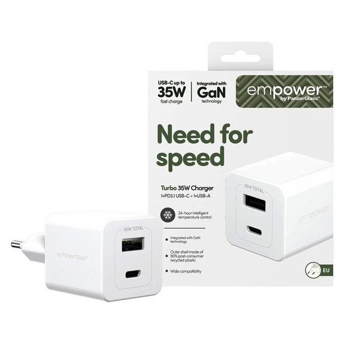 Cestovní adaptér Grand Prix USB-C/USB-A, GaN, 35 W PD, stříbrnobílý, empower