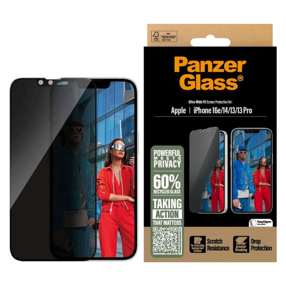 Tvrzené sklo UWF Privacy pro iPhone 17e/16e/14/13/13 Pro, Černá, PanzerGlass