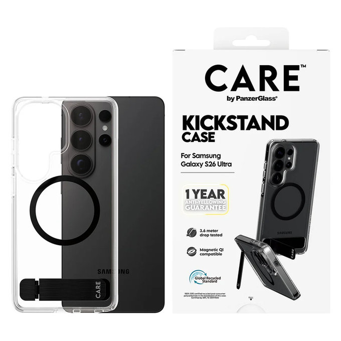 Pouzdro Kickstand s černým QI pro Samsung Galaxy S26 Ultra, Transparentní, PanzerGlass