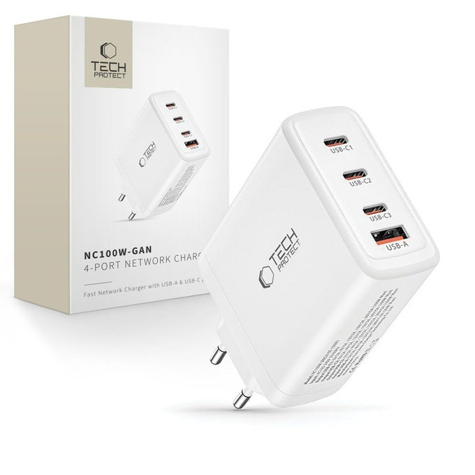 Síťová nabíječka NC100W-GAN 4-PORT PD 100W / QC3.0, bílá, Tech-Protect