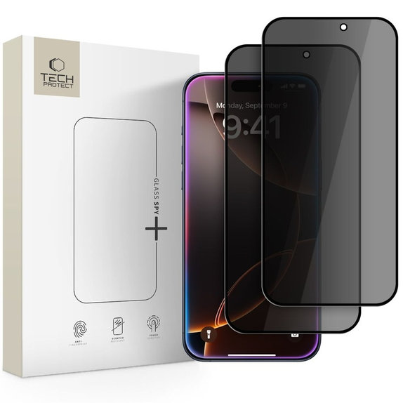 Privacy tvrzené sklo Glass Spy+ 2-PACK pro iPhone 16 Pro / 17 / 17 Pro, privacy, Tech-Protect