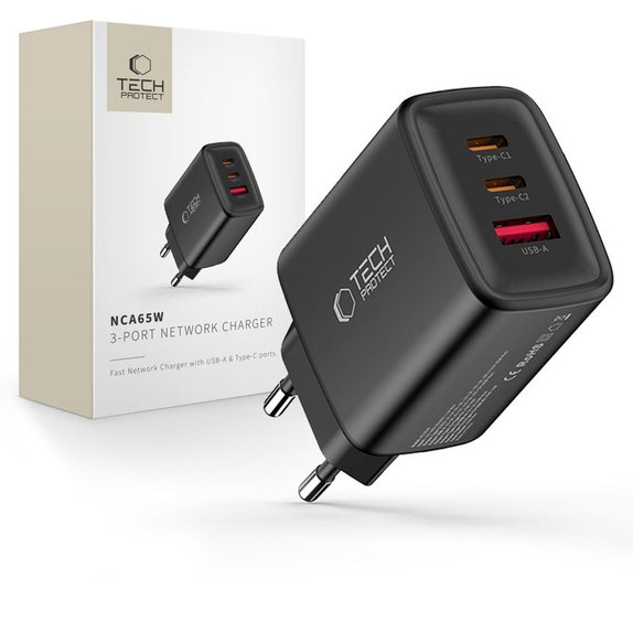 Síťová nabíječka NCA65W-GAN 3-PORT PD 65W / QC3.0, černá, Tech-Protect