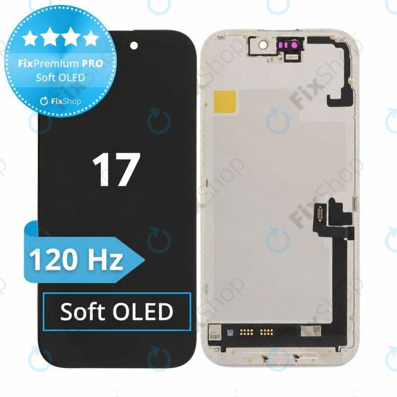 Displej Soft OLED 120Hz pro iPhone 17, Dotykové sklo s rámem, FixPremium PRO