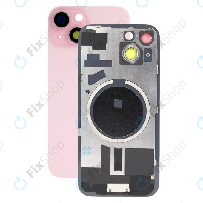 Apple iPhone 15 - Sklo Zadního Housingu + Sklíčko Kamery + Kovová Destička + Magsafe Magnet (Pink)