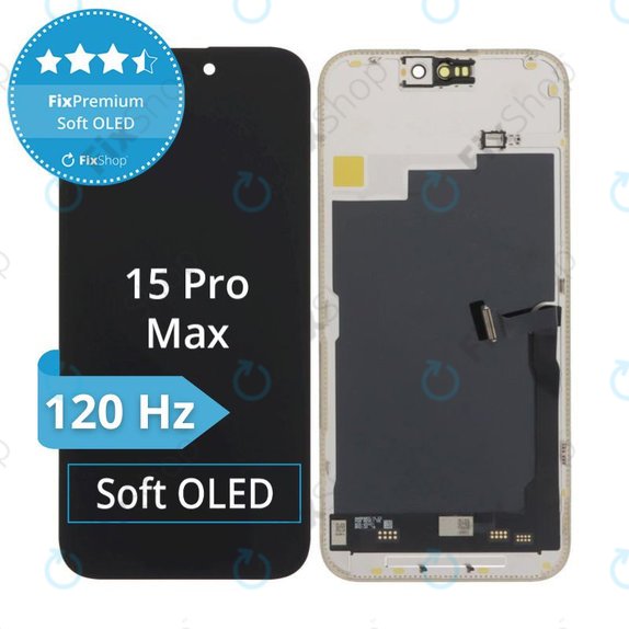 Displej Soft OLED 120Hz pro iPhone 15 Pro Max, Dotykové sklo s rámem, FixPremium